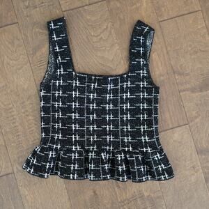 ZARA Black & White Metallic Knit Ruffle‎ Top Size: Small